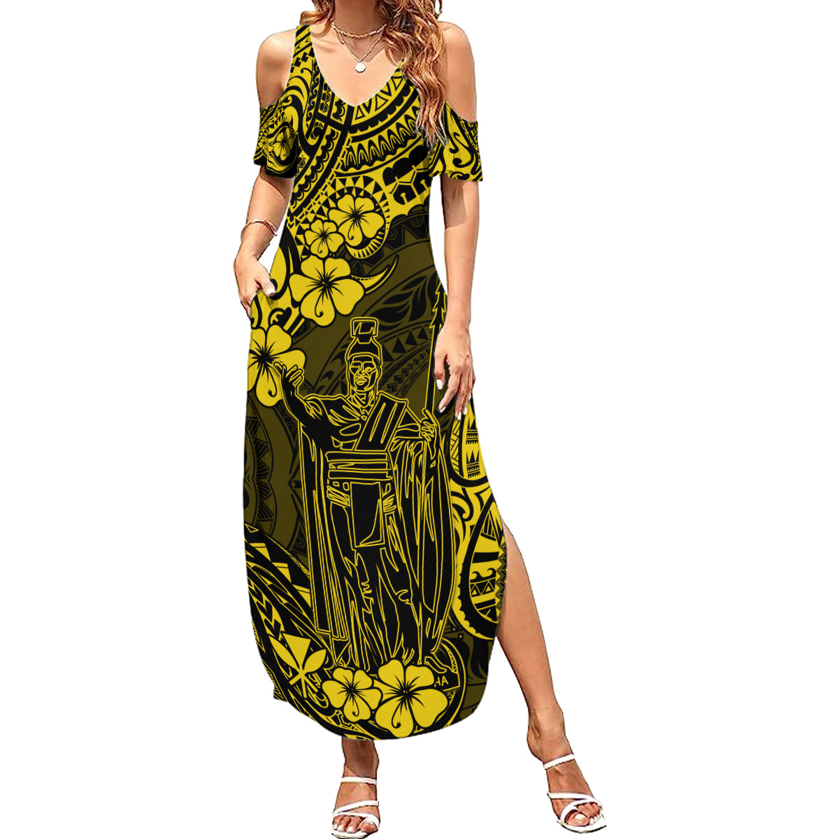 Hawaii King Kamehameha Summer Maxi Dress Polynesian Pattern Yellow Version - Wonder Print Shop