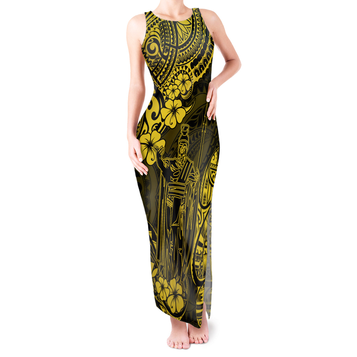 Hawaii King Kamehameha Tank Maxi Dress Polynesian Pattern Yellow Version - Wonder Print Shop