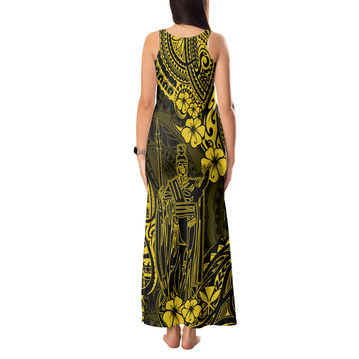 Hawaii King Kamehameha Tank Maxi Dress Polynesian Pattern Yellow Version - Wonder Print Shop