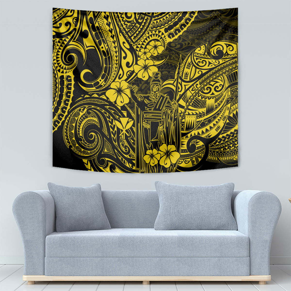 Hawaii King Kamehameha Tapestry Polynesian Pattern Yellow Version - Wonder Print Shop