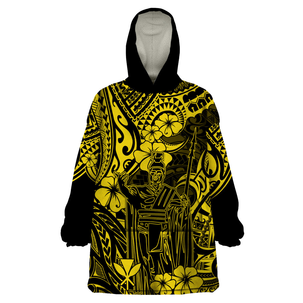Hawaii King Kamehameha Wearable Blanket Hoodie Polynesian Pattern Yellow Version - Wonder Print Shop