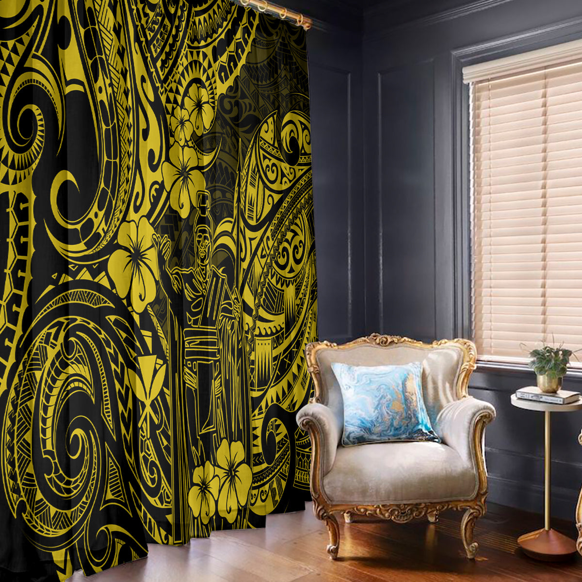 Hawaii King Kamehameha Window Curtain Polynesian Pattern Yellow Version - Wonder Print Shop