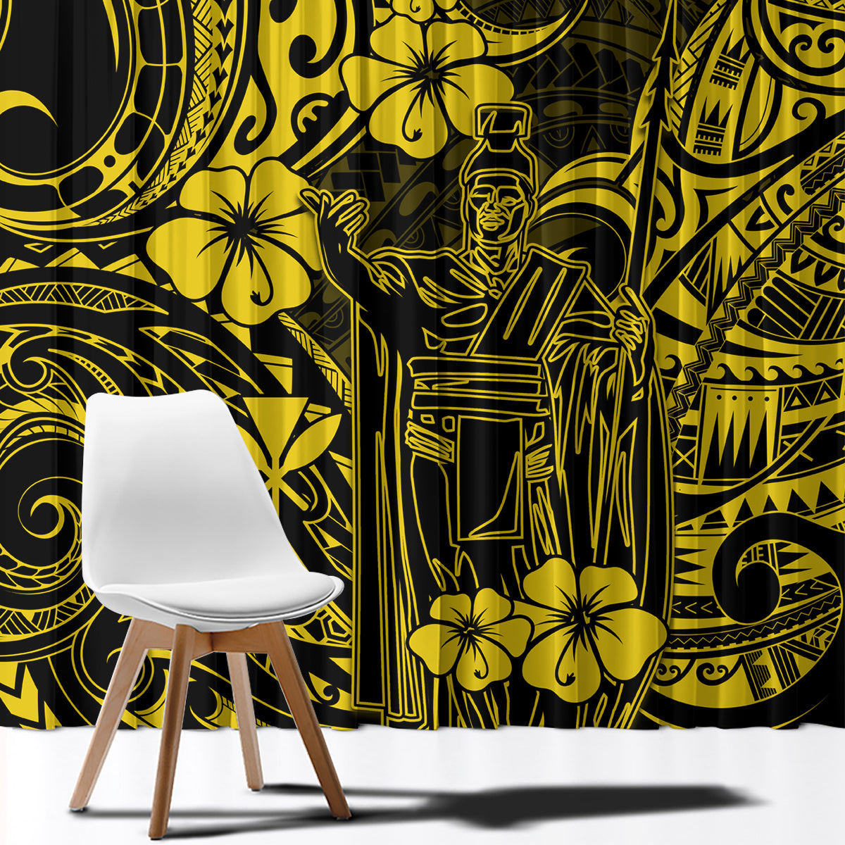 Hawaii King Kamehameha Window Curtain Polynesian Pattern Yellow Version - Wonder Print Shop
