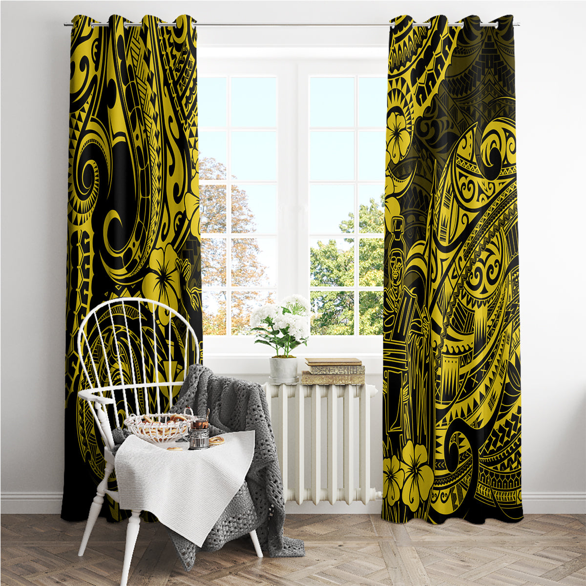 Hawaii King Kamehameha Window Curtain Polynesian Pattern Yellow Version - Wonder Print Shop