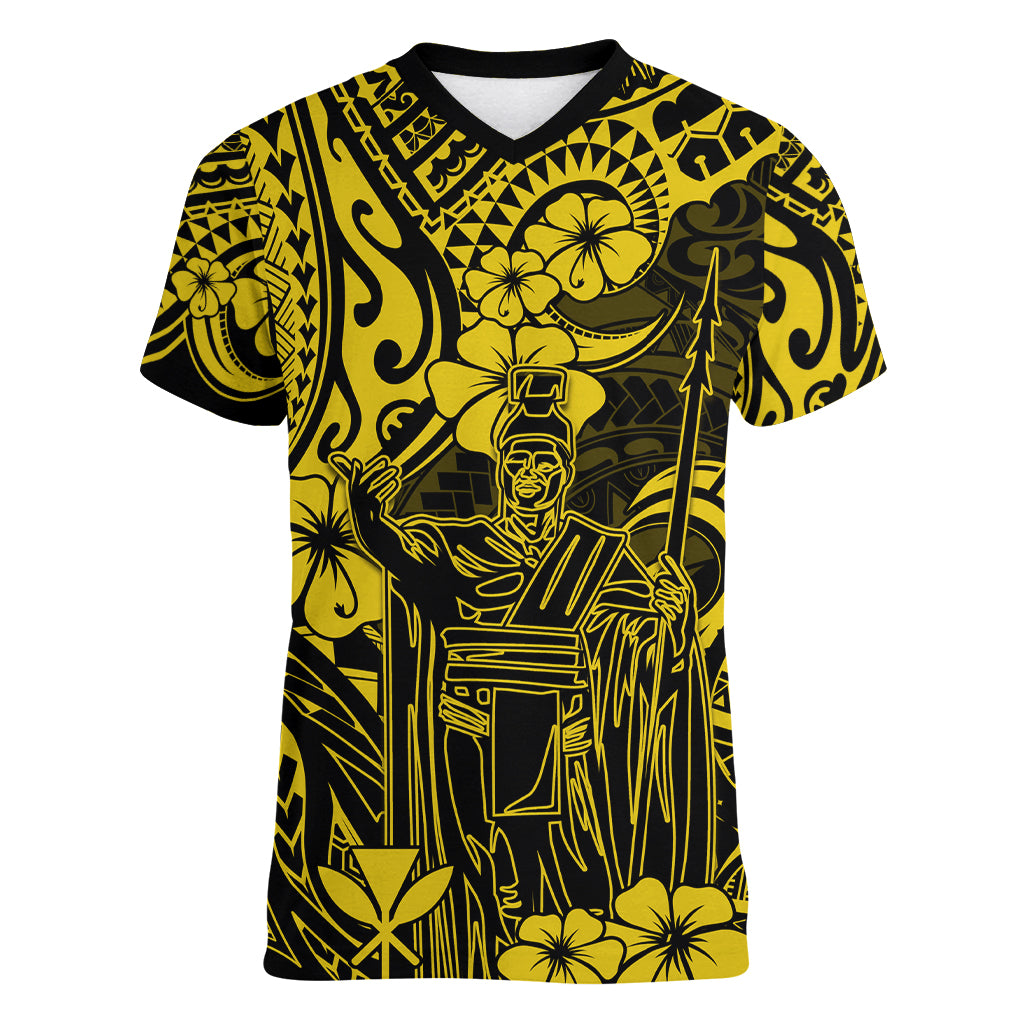 Hawaii King Kamehameha Women V Neck T Shirt Polynesian Pattern Yellow Version - Wonder Print Shop