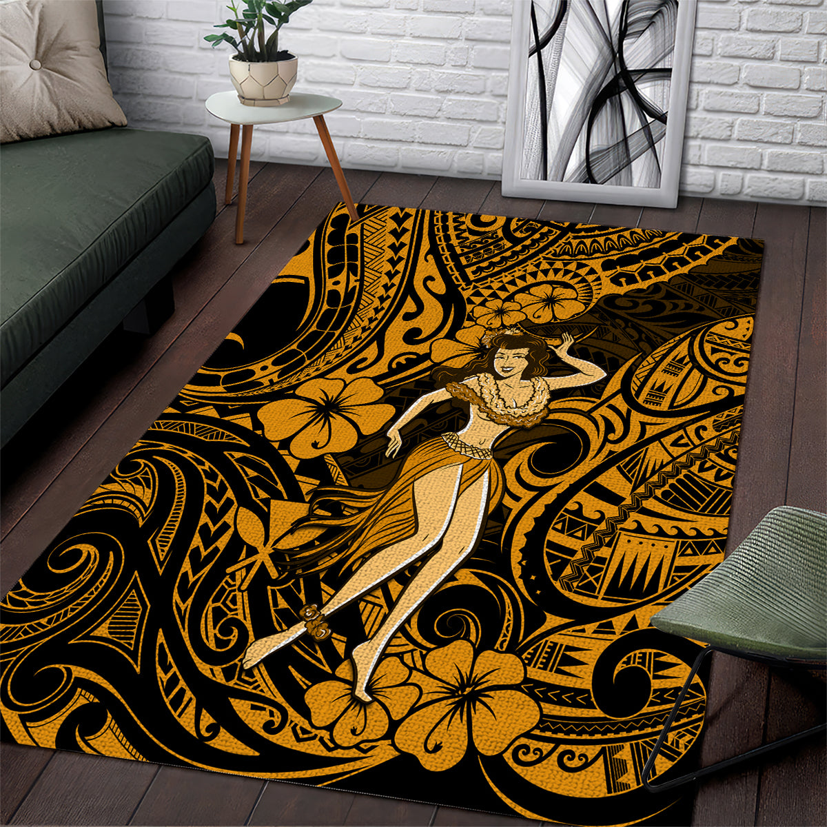 Hawaii Hula Girl Area Rug Polynesian Pattern Gold Version - Wonder Print Shop