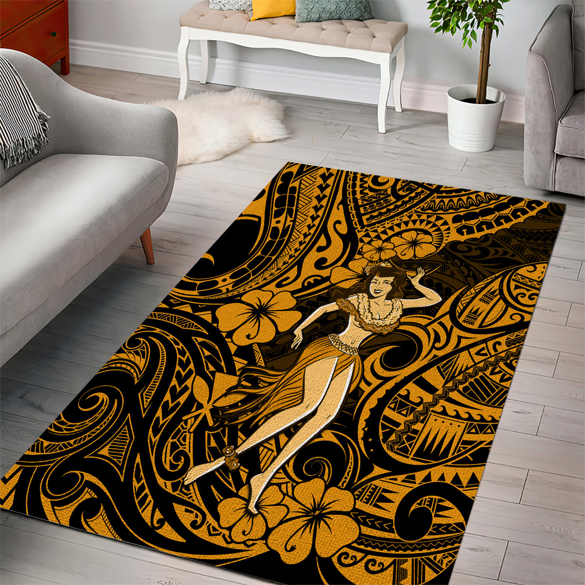 Hawaii Hula Girl Area Rug Polynesian Pattern Gold Version - Wonder Print Shop