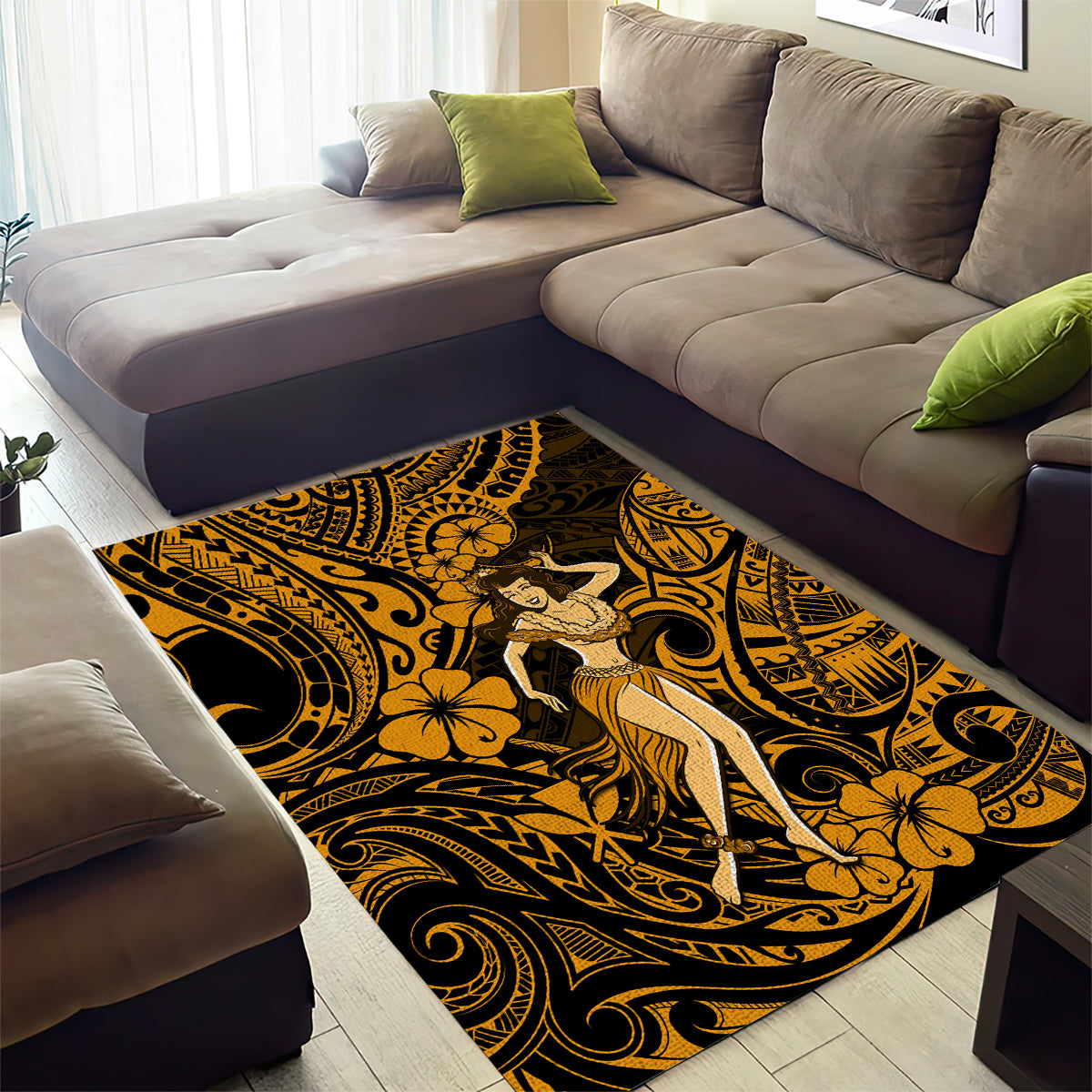 Hawaii Hula Girl Area Rug Polynesian Pattern Gold Version - Wonder Print Shop