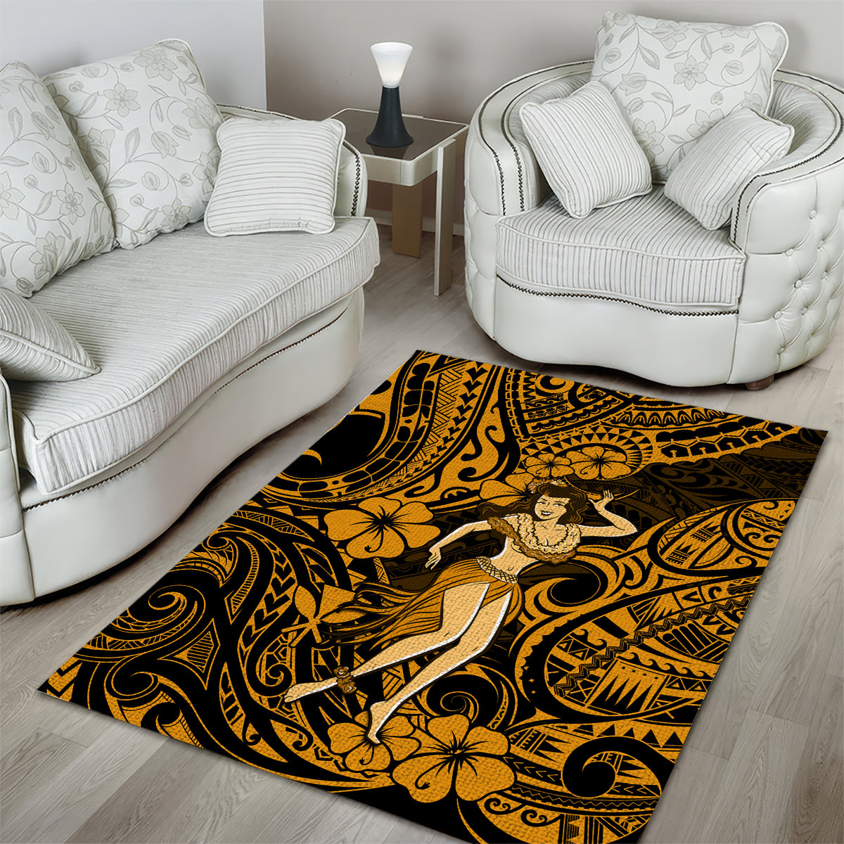Hawaii Hula Girl Area Rug Polynesian Pattern Gold Version - Wonder Print Shop