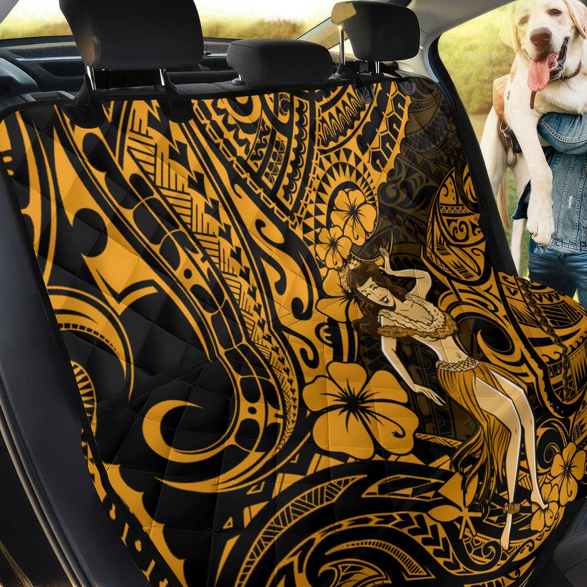 Hawaii Hula Girl Back Car Seat Cover Polynesian Pattern Gold Version - Wonder Print Shop