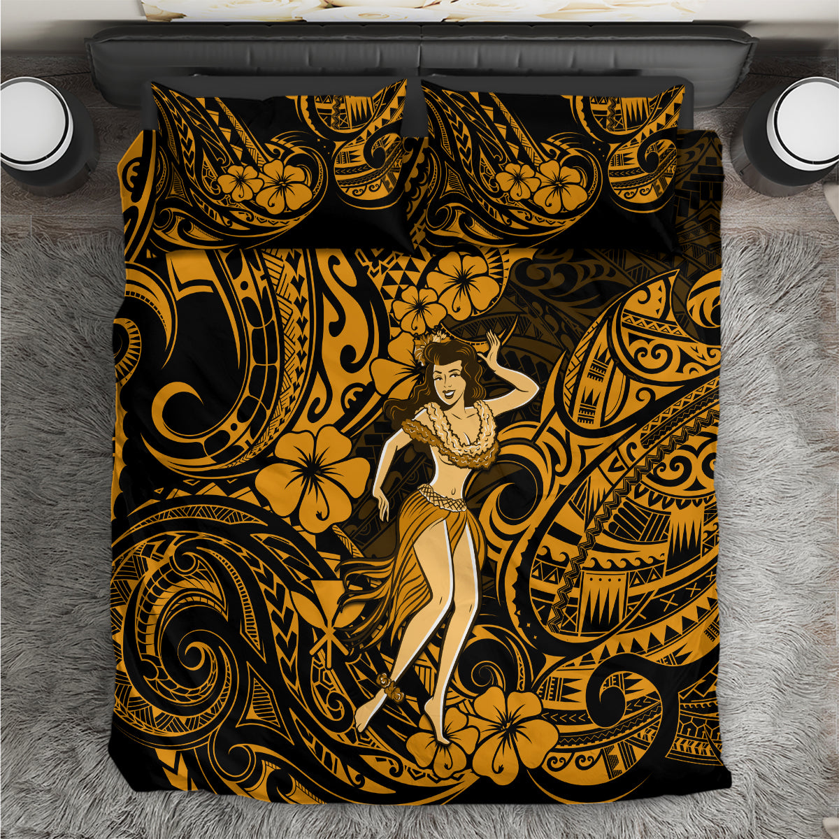 Hawaii Hula Girl Bedding Set Polynesian Pattern Gold Version - Wonder Print Shop