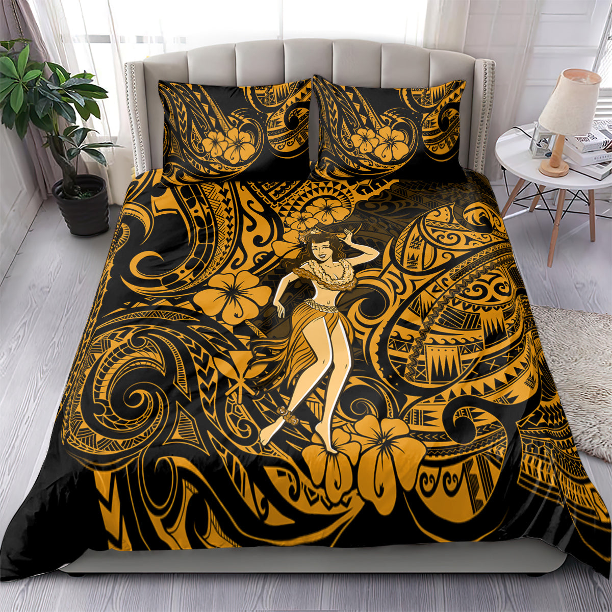 Hawaii Hula Girl Bedding Set Polynesian Pattern Gold Version - Wonder Print Shop