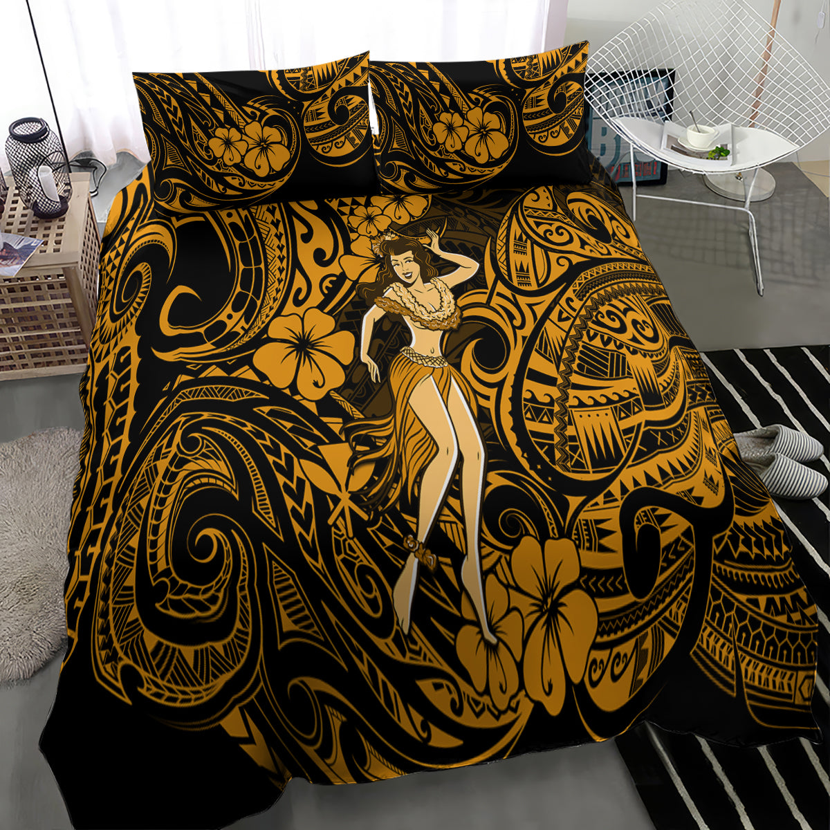 Hawaii Hula Girl Bedding Set Polynesian Pattern Gold Version - Wonder Print Shop