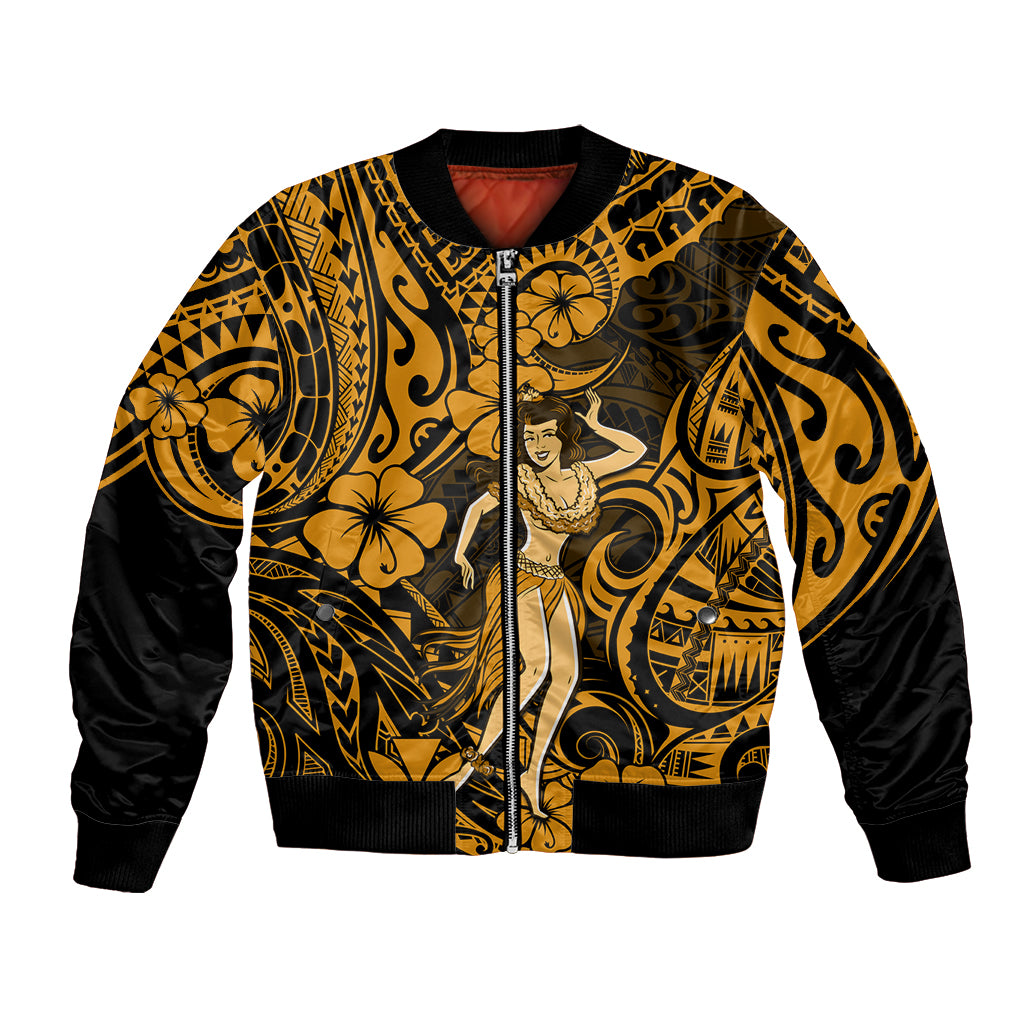 Hawaii Hula Girl Bomber Jacket Polynesian Pattern Gold Version - Wonder Print Shop