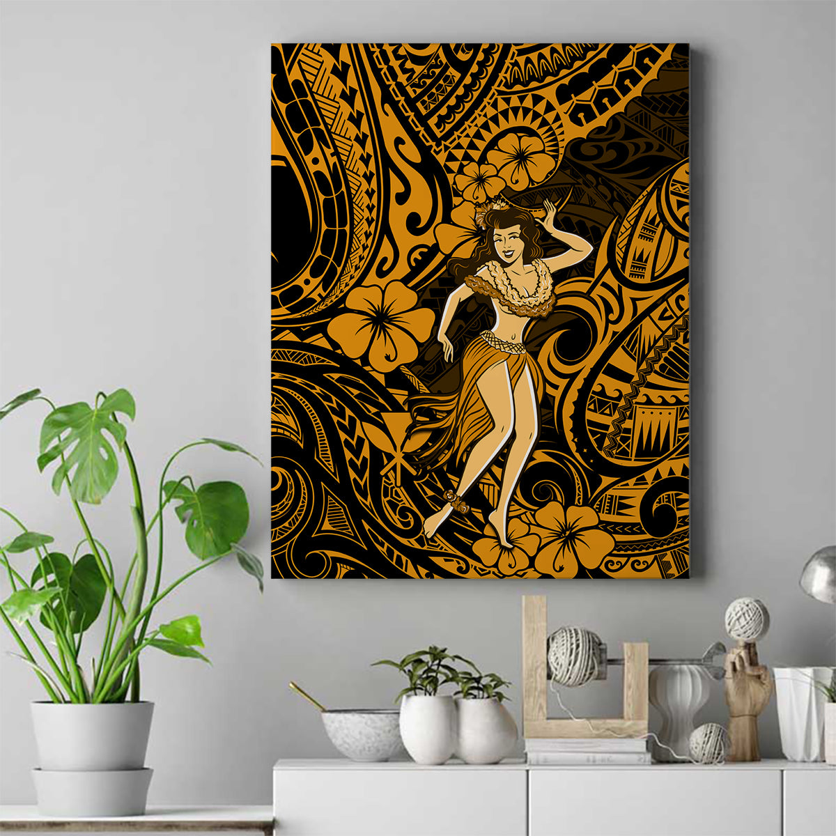 Hawaii Hula Girl Canvas Wall Art Polynesian Pattern Gold Version - Wonder Print Shop
