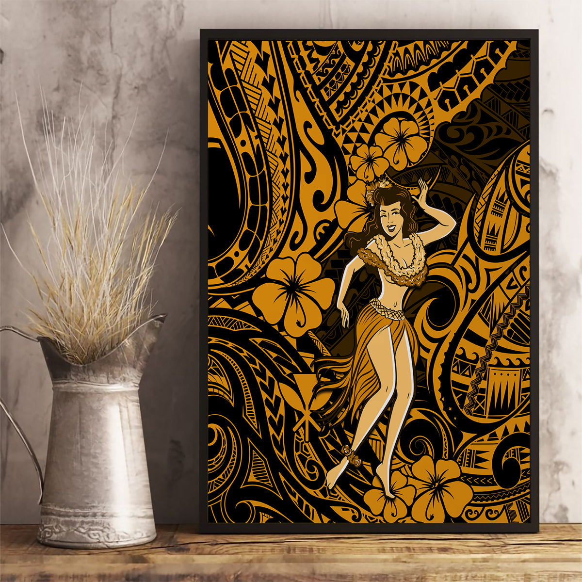 Hawaii Hula Girl Canvas Wall Art Polynesian Pattern Gold Version - Wonder Print Shop