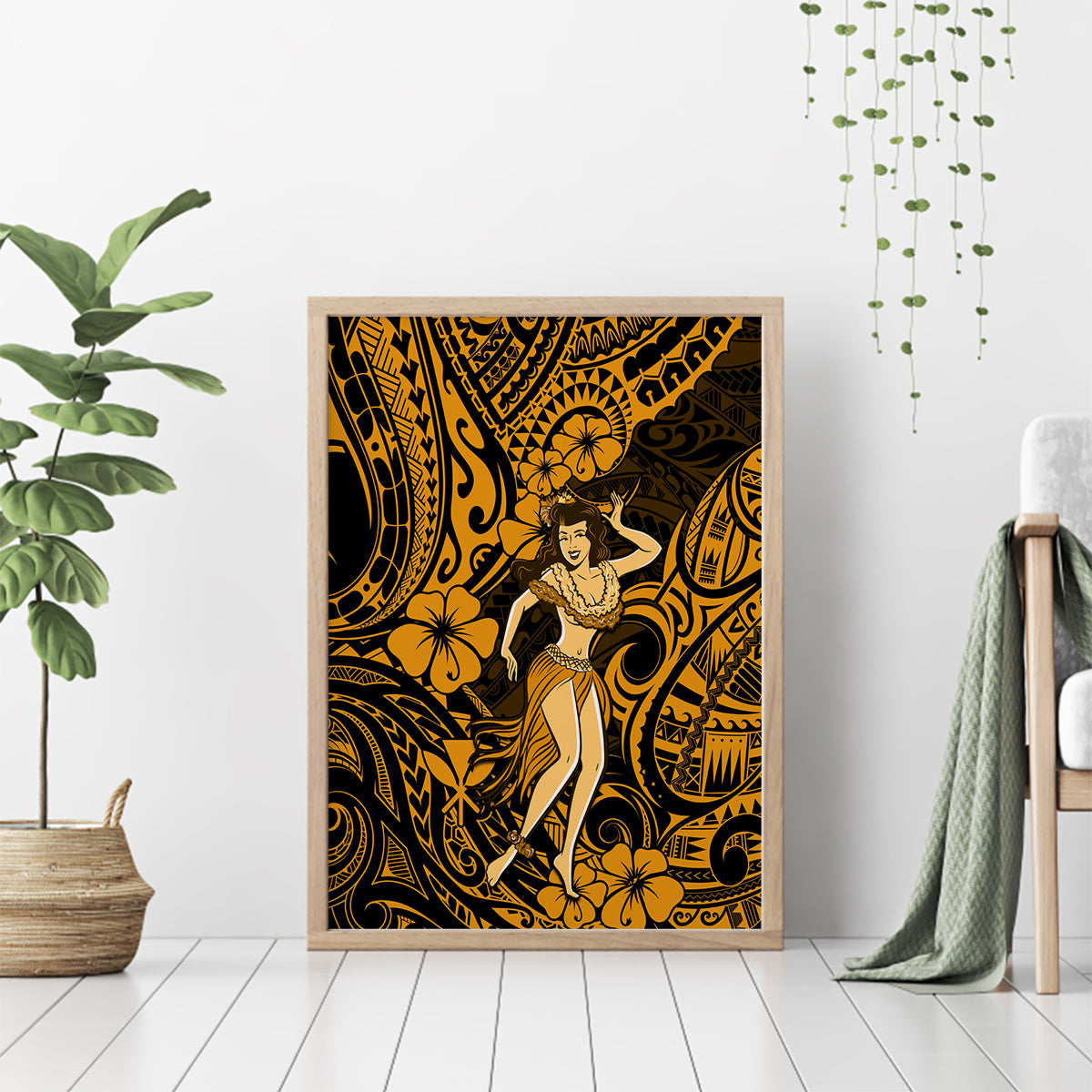Hawaii Hula Girl Canvas Wall Art Polynesian Pattern Gold Version - Wonder Print Shop