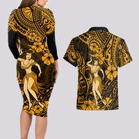 Hawaii Hula Girl Couples Matching Long Sleeve Bodycon Dress and Hawaiian Shirt Polynesian Pattern Gold Version - Wonder Print Shop