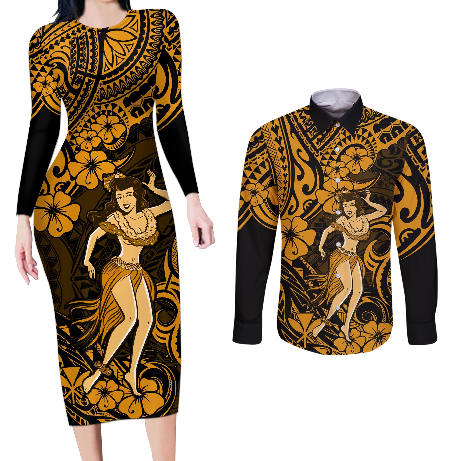 Hawaii Hula Girl Couples Matching Long Sleeve Bodycon Dress and Long Sleeve Button Shirts Polynesian Pattern Gold Version - Wonder Print Shop