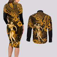Hawaii Hula Girl Couples Matching Long Sleeve Bodycon Dress and Long Sleeve Button Shirts Polynesian Pattern Gold Version - Wonder Print Shop