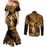hawaii-hula-girl-couples-matching-mermaid-dress-and-long-sleeve-button-shirts-polynesian-pattern-gold-version
