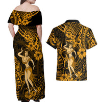 Hawaii Hula Girl Couples Matching Off Shoulder Maxi Dress and Hawaiian Shirt Polynesian Pattern Gold Version - Wonder Print Shop