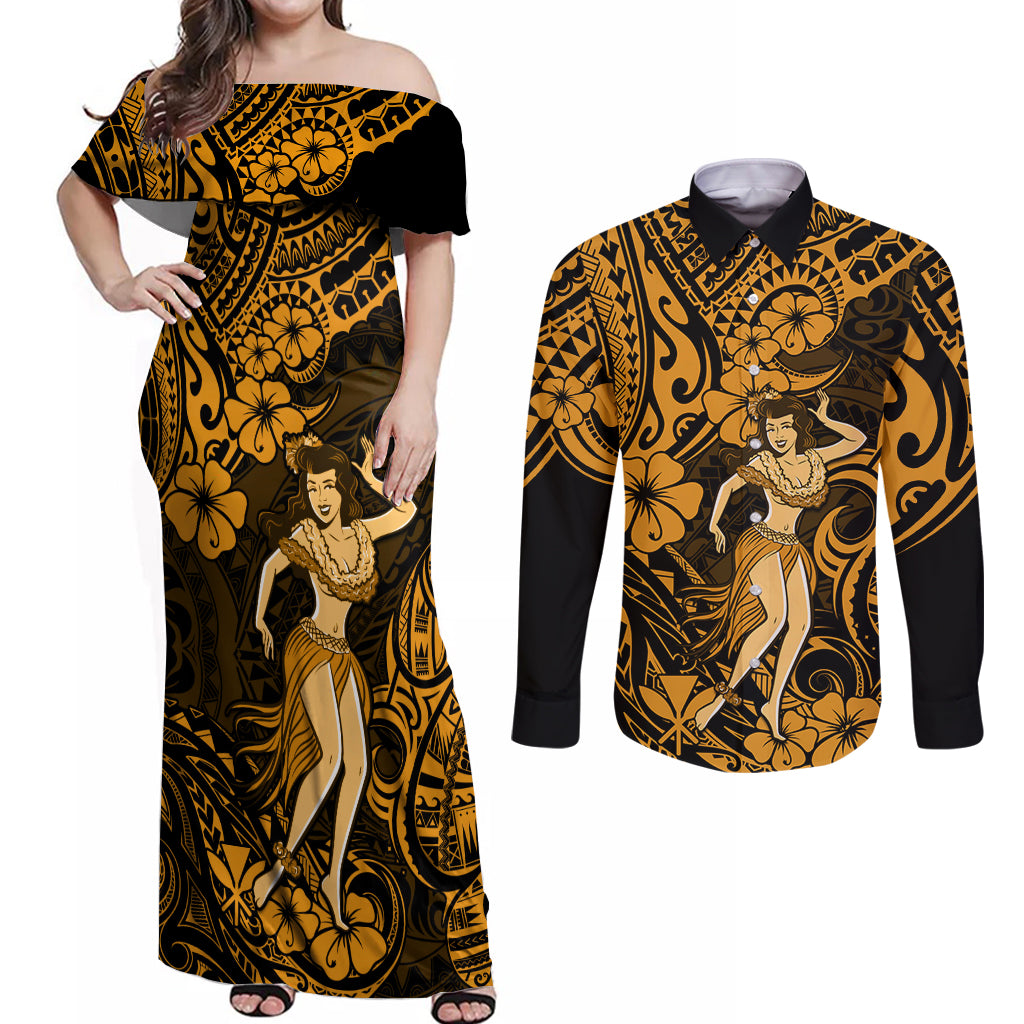Hawaii Hula Girl Couples Matching Off Shoulder Maxi Dress and Long Sleeve Button Shirts Polynesian Pattern Gold Version - Wonder Print Shop