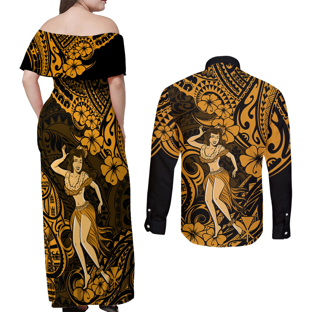 Hawaii Hula Girl Couples Matching Off Shoulder Maxi Dress and Long Sleeve Button Shirts Polynesian Pattern Gold Version - Wonder Print Shop
