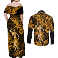 Hawaii Hula Girl Couples Matching Off Shoulder Maxi Dress and Long Sleeve Button Shirts Polynesian Pattern Gold Version - Wonder Print Shop