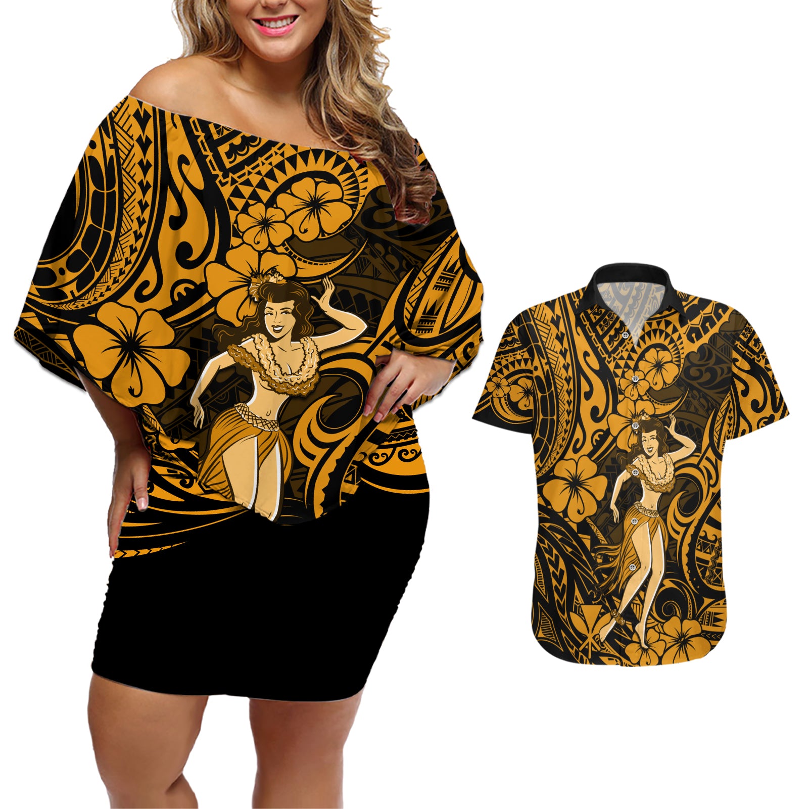 Hawaii Hula Girl Couples Matching Off Shoulder Short Dress and Hawaiian Shirt Polynesian Pattern Gold Version - Wonder Print Shop