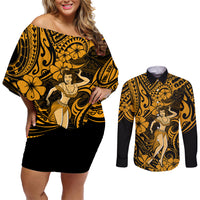 Hawaii Hula Girl Couples Matching Off Shoulder Short Dress and Long Sleeve Button Shirts Polynesian Pattern Gold Version - Wonder Print Shop