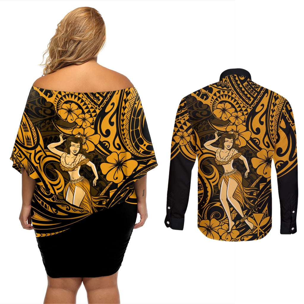 Hawaii Hula Girl Couples Matching Off Shoulder Short Dress and Long Sleeve Button Shirts Polynesian Pattern Gold Version - Wonder Print Shop