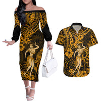 Hawaii Hula Girl Couples Matching Off The Shoulder Long Sleeve Dress and Hawaiian Shirt Polynesian Pattern Gold Version - Wonder Print Shop