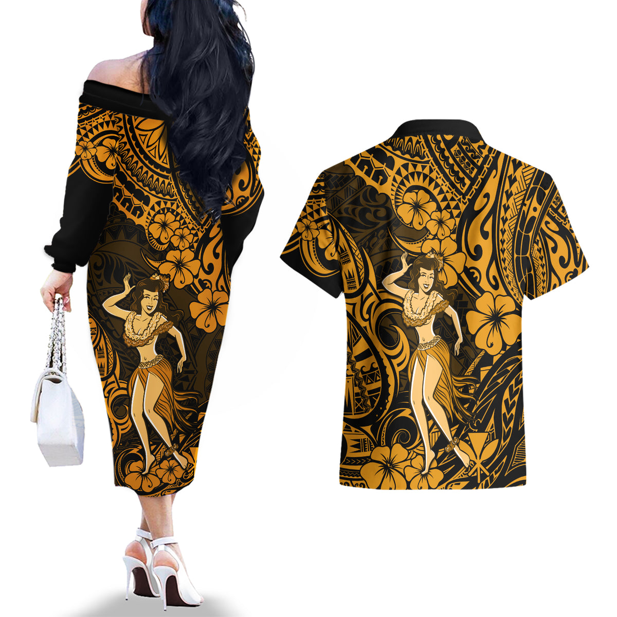 Hawaii Hula Girl Couples Matching Off The Shoulder Long Sleeve Dress and Hawaiian Shirt Polynesian Pattern Gold Version - Wonder Print Shop