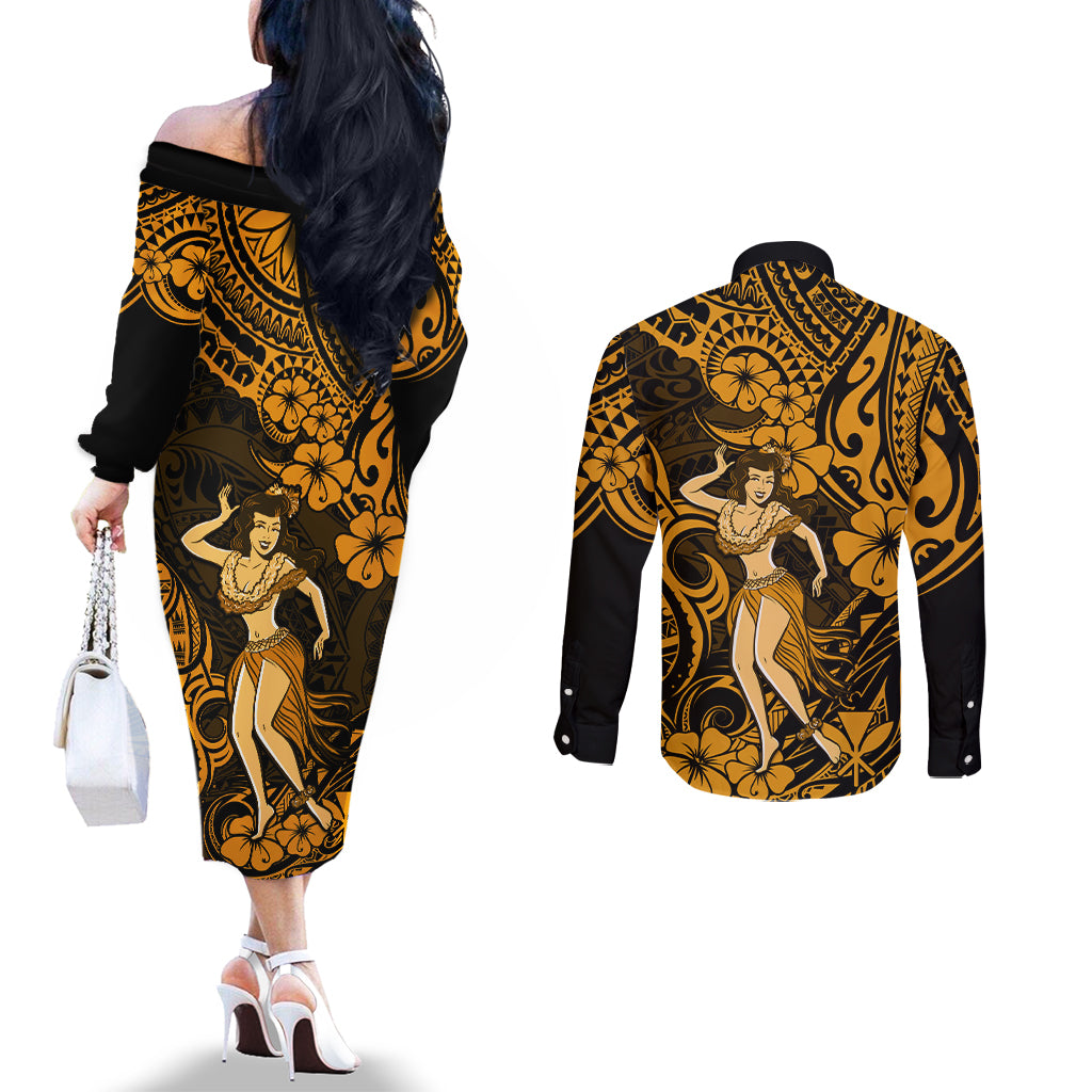 hawaii-hula-girl-couples-matching-off-the-shoulder-long-sleeve-dress-and-long-sleeve-button-shirts-polynesian-pattern-gold-version