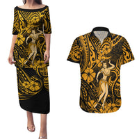 Hawaii Hula Girl Couples Matching Puletasi Dress and Hawaiian Shirt Polynesian Pattern Gold Version - Wonder Print Shop