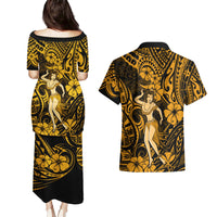 Hawaii Hula Girl Couples Matching Puletasi Dress and Hawaiian Shirt Polynesian Pattern Gold Version - Wonder Print Shop