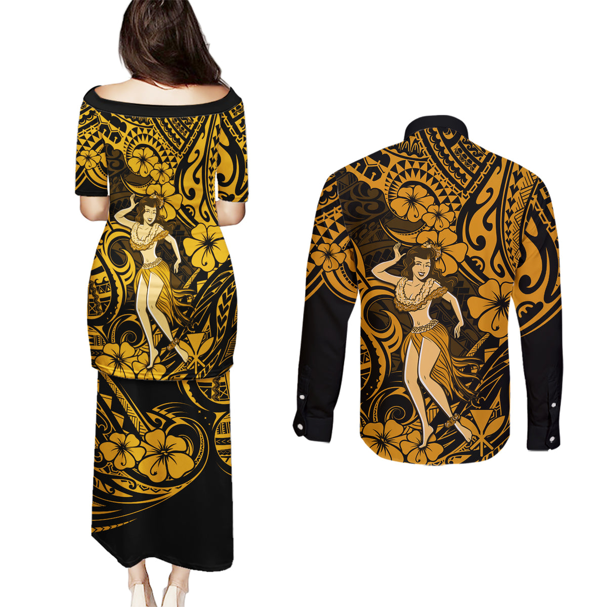 Hawaii Hula Girl Couples Matching Puletasi Dress and Long Sleeve Button Shirts Polynesian Pattern Gold Version - Wonder Print Shop