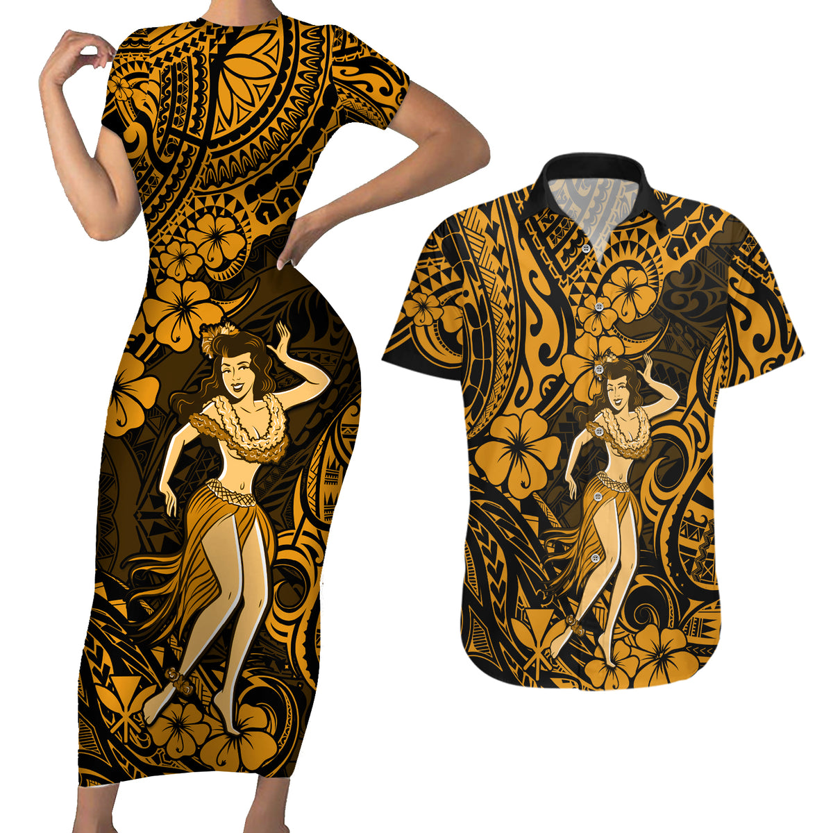 Hawaii Hula Girl Couples Matching Short Sleeve Bodycon Dress and Hawaiian Shirt Polynesian Pattern Gold Version - Wonder Print Shop