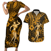 Hawaii Hula Girl Couples Matching Short Sleeve Bodycon Dress and Hawaiian Shirt Polynesian Pattern Gold Version - Wonder Print Shop