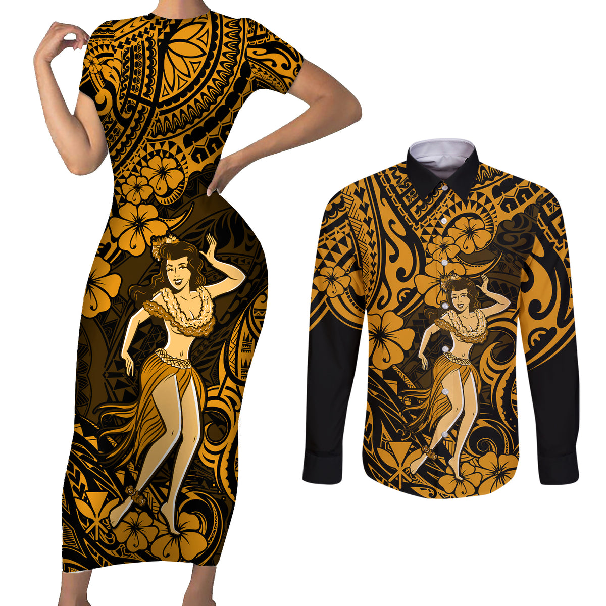 Hawaii Hula Girl Couples Matching Short Sleeve Bodycon Dress and Long Sleeve Button Shirts Polynesian Pattern Gold Version - Wonder Print Shop