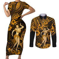Hawaii Hula Girl Couples Matching Short Sleeve Bodycon Dress and Long Sleeve Button Shirts Polynesian Pattern Gold Version - Wonder Print Shop
