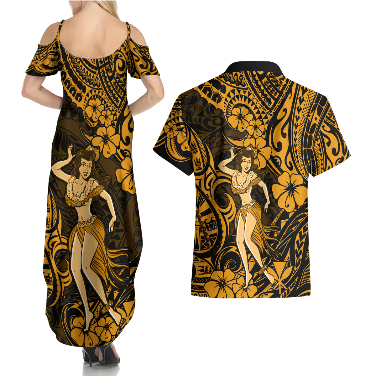 Hawaii Hula Girl Couples Matching Summer Maxi Dress and Hawaiian Shirt Polynesian Pattern Gold Version - Wonder Print Shop