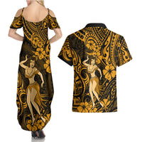 Hawaii Hula Girl Couples Matching Summer Maxi Dress and Hawaiian Shirt Polynesian Pattern Gold Version - Wonder Print Shop