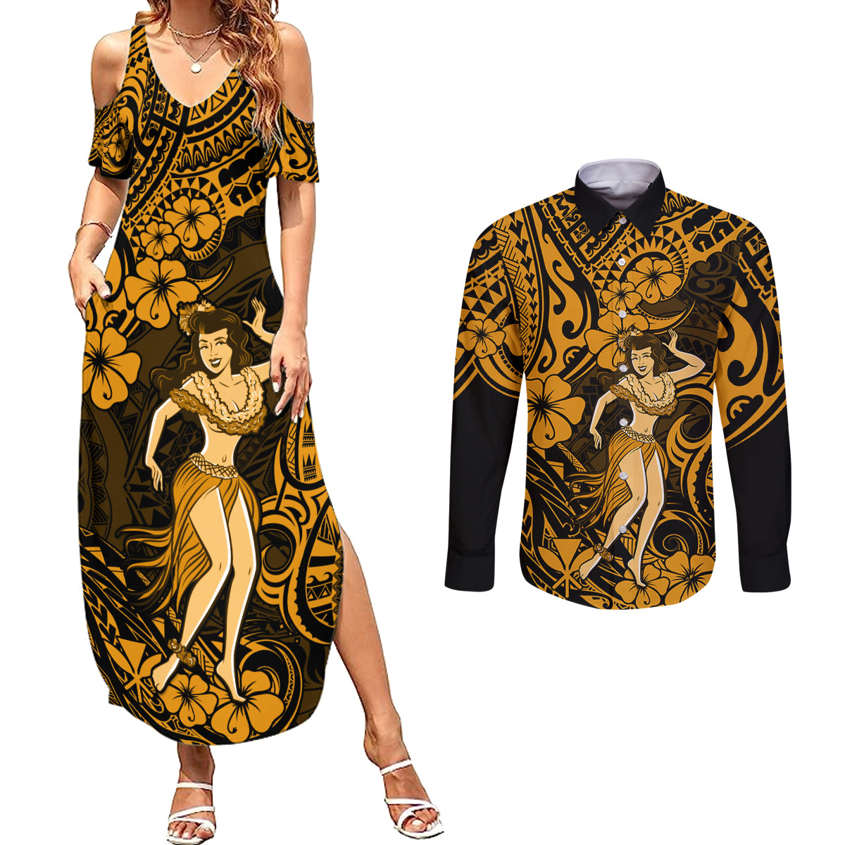 Hawaii Hula Girl Couples Matching Summer Maxi Dress and Long Sleeve Button Shirts Polynesian Pattern Gold Version - Wonder Print Shop