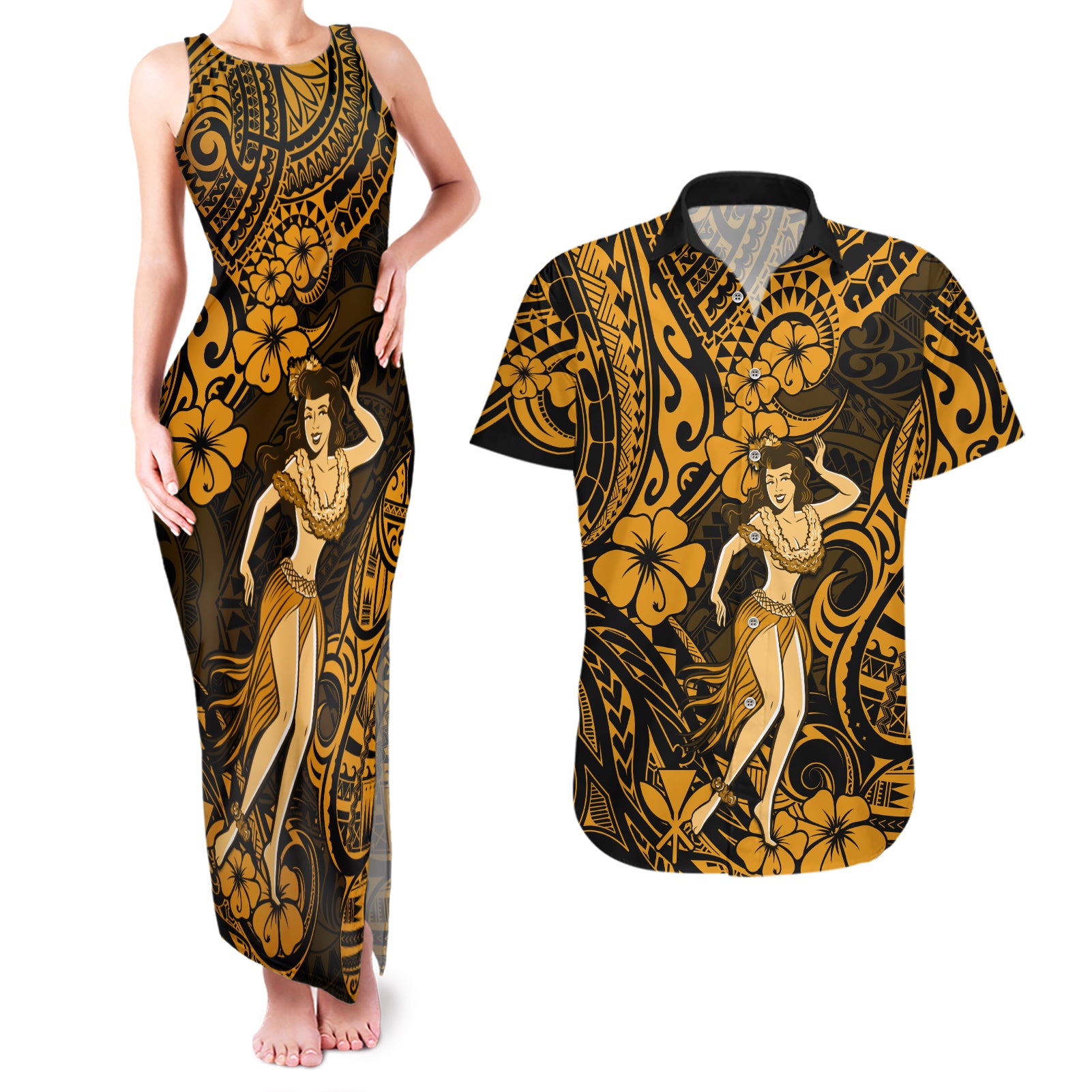 Hawaii Hula Girl Couples Matching Tank Maxi Dress and Hawaiian Shirt Polynesian Pattern Gold Version - Wonder Print Shop
