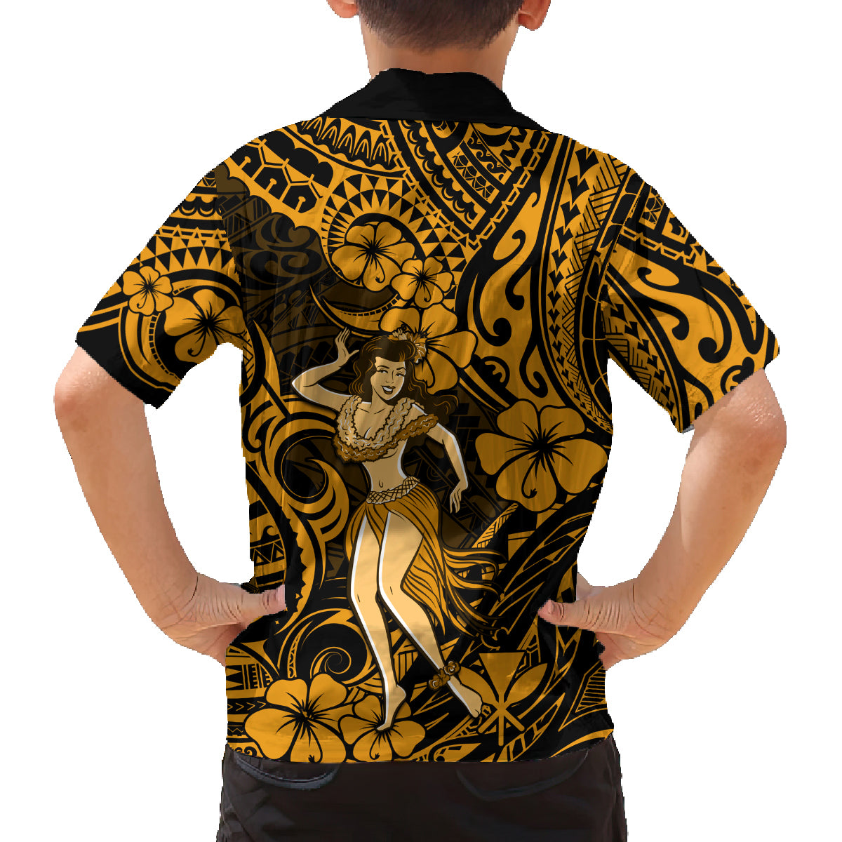 Hawaii Hula Girl Family Matching Long Sleeve Bodycon Dress and Hawaiian Shirt Polynesian Pattern Gold Version - Wonder Print Shop