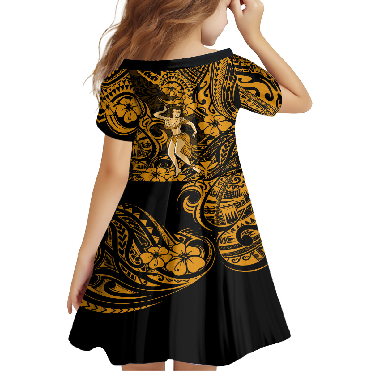 Hawaii Hula Girl Family Matching Long Sleeve Bodycon Dress and Hawaiian Shirt Polynesian Pattern Gold Version - Wonder Print Shop