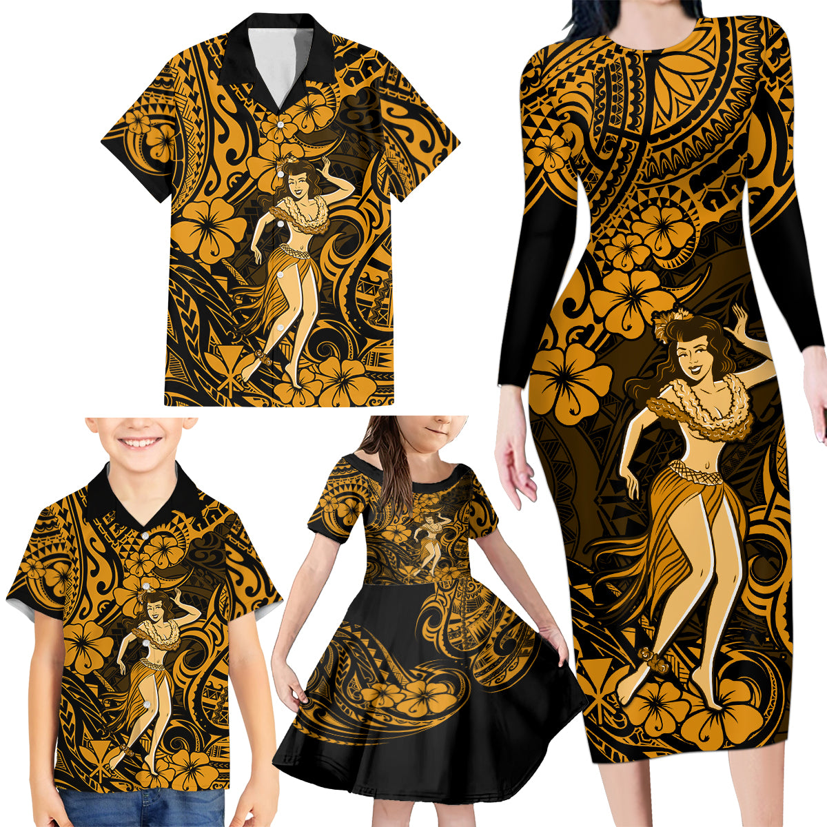 Hawaii Hula Girl Family Matching Long Sleeve Bodycon Dress and Hawaiian Shirt Polynesian Pattern Gold Version - Wonder Print Shop