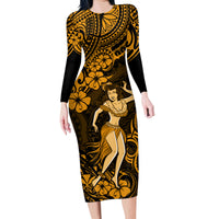 Hawaii Hula Girl Family Matching Long Sleeve Bodycon Dress and Hawaiian Shirt Polynesian Pattern Gold Version - Wonder Print Shop